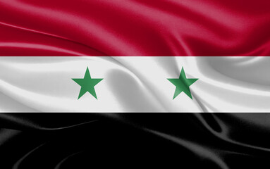 3d waving realistic silk national flag of Syria. Happy national day Syria flag background. close up