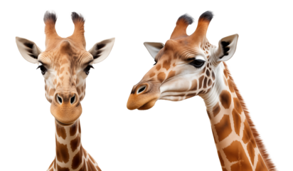 two set of giraffe head, front and side view, isolated background