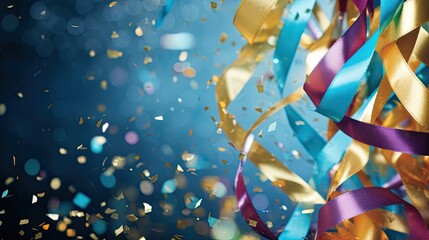 Bright cheerful New Year's dark background with ribbons of multi-colored serpentine ribbons and confetti. - obrazy, fototapety, plakaty