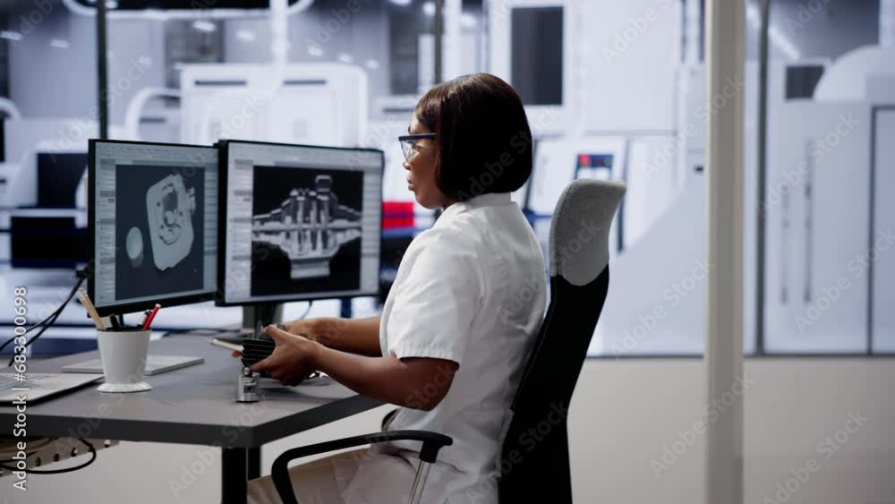 Poster engineer doing 3d cad model design on computer