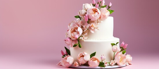Wedding cake with flowers and gold decorations on a pink background seen from the side and top - obrazy, fototapety, plakaty