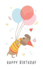 Cute Birthday card with Dachshund sausage Dog cartoon hand drawing flat design graphic illustration