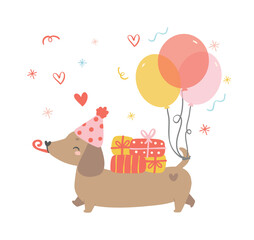 Cute Birthday card with Dachshund sausage Dog cartoon hand drawing flat design graphic illustration