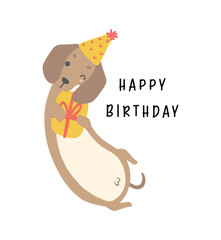 Cute Birthday card with Dachshund sausage Dog cartoon hand drawing flat design graphic illustration