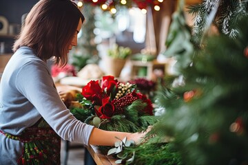 A woman florist decorates a Christmas wreath made of fluffy fir branches with ribbons and balls in a cozy workshop.