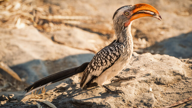 Monteiro's Hornbill (Tockus monteiri), Etosha National Park, Namibia. This attractive hornbill is common in the drier woodlands of central Namibia where they spend most of their time foraging.