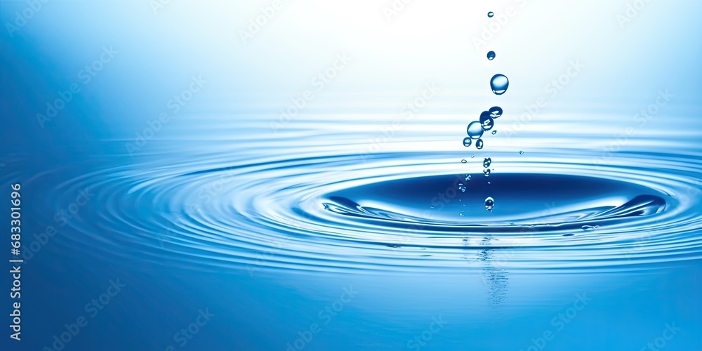 Poster liquid harmony. abstract blue water wave with clear macro drops in nature. clean and circles in a ma