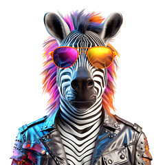 Portrait of a cartoon zebra wearing sunglasses.