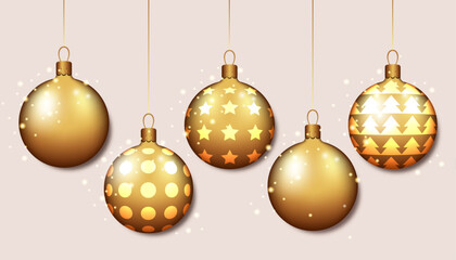 Set of gold baubles for Christmas and New Year cards and wishes 