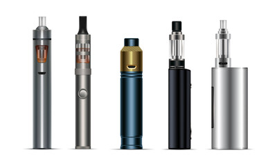 Set of icons of different types of electronic cigarettes. Vaping device in realistic 3D style. Vape pens .Vector
