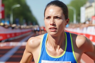 A girl runner at the finish line of a marathon