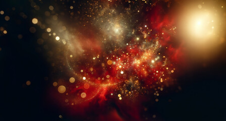 Fototapeta premium Web Banner coupon copy space Galaxy and Cosmos for Christmas greeting with bright and shimmering golden sparkling elements and magical atmosphere with bokeh bling on red and background