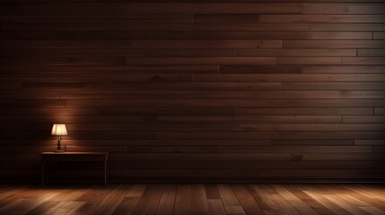 Empty room with dark brown plank walls, adorned with hidden warm lighting that casts a soft glow, creating a cozy and inviting atmosphere;