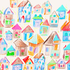 seamless pattern with houses in colour pancil and crayons childish style artwork. Good for children design