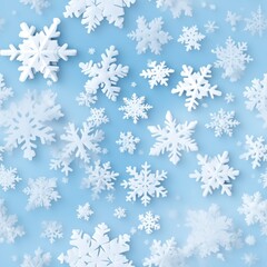 Christmas pastel blue background with white snowflakes. Winter cold season. Abstract pattern.