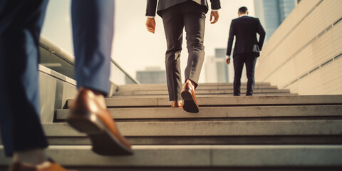 Business people climb the stairs of the city stairs. Close-up of the impersonal legs rising up....