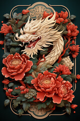 Chinese dragon with flowers decoration element for Years of the Wood Dragon 2024, Generative AI