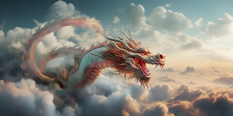 Majestic dragon swirling amidst clouds signifying power and good fortune .Celestial Guardian, Majestic Dragon in Cloud Dance . - obrazy, fototapety, plakaty