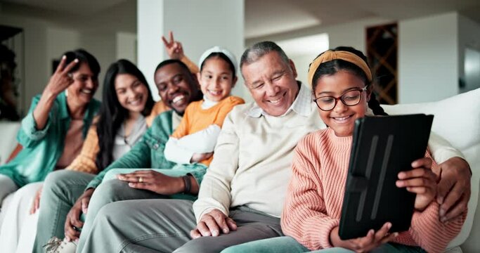 Tablet, happy family or selfie with love for communication, couch or generations together in living room. Grandfather, parents and children with technology, hand gestures and smile with streaming
