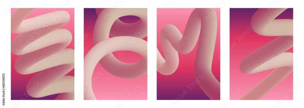 Poster Set of dynamic smooth curved shapes. Abstract backgrounds with soft color gradient 3d curved lines for creative graphic design. Vector illustration.