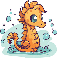 Cartoon seahorse swimming in the sea vector illustration - obrazy, fototapety, plakaty