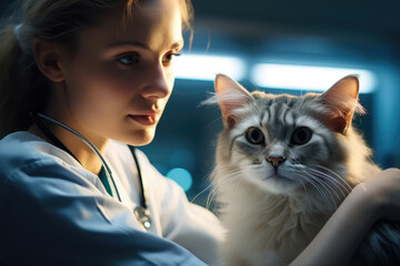 Veterinary assistant woman taking care of a cat in a surgical room. - obrazy, fototapety, plakaty