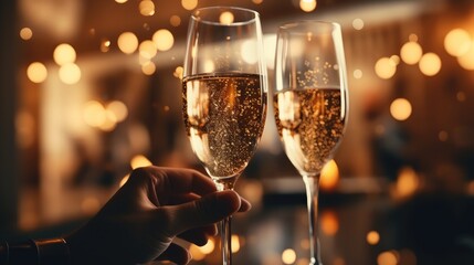 People holding glasses of champagne making a toast with wishes of happiness, Celebration Christmas or new years eve party.