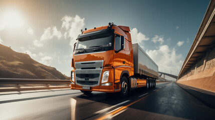Fototapeta na wymiar A orange truck moving at a slow speed on the bridge minerals industry.