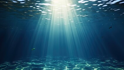 Submerged serenity. Tranquil underwater scene with sun rays and clear blue ocean. Sunlit depths....