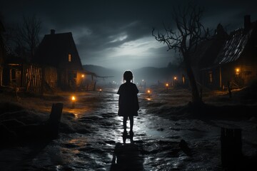 In a deserted village, There is a strange little girl standing at dark at night.