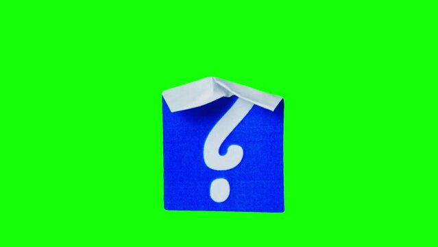 White question mark on blue piece of paper crumpling and unwrapping in stop motion on green screen background. Loop isolated element with punctuation mark in cartoon style funny animation for collage.