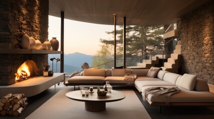 A chic lounge with a stone fireplace.