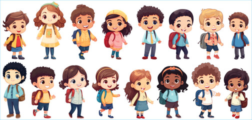 Set of Happy multiethnic preschool girls and boy standing in different expressions, Cute kids cartoon with different expressions, Set of funny and cute little boy and girl with different expressions