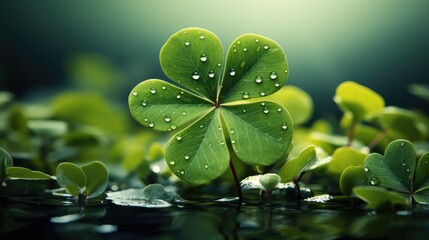 Four-leaf green clover for good luck, Bright green background.