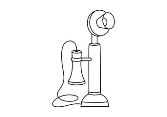 Hand drawn cute outline illustration of antique wired landline phone. Flat vector old candlestick telephone sticker in line art doodle style. Vintage call device icon or print. Isolated on background.
