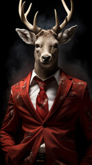 Reindeer dressed in a classy red suit, standing as a successful leader and a confident gentleman. Fashion portrait of an anthropomorphic animal, deer, posing with a charismatic human attitude © mozZz