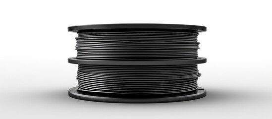 Obraz premium Black thermoplastic wire spool for 3D printing isolated on white