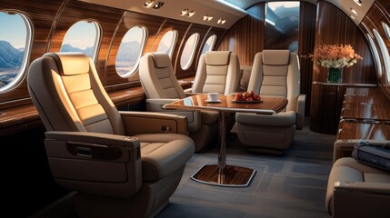 Interior of the luxurious cabin of private jet, Enjoying the journey.