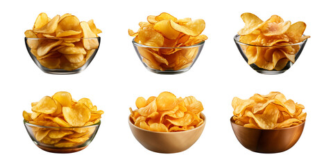 Collection set of potato chips in a bowl isolated on a transparent background