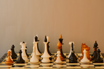 Different chess pieces from various sets stand on the chessboard next to each other. Uniting...