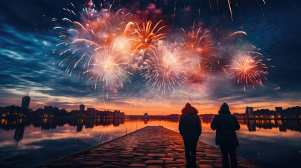 Fototapeta premium Firework explosion in the night sky celebrating happy new year, National firework shooting in the beautiful sky.