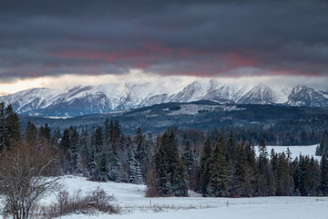 Winter landscape of Tatra Mountains at sunrise. Poland