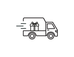 Fast shipping moving delivery truck  with gift box line art vector icon. Vector illustration isolated on transparent background