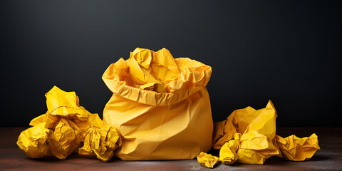 Crumpled paper ball and paper cups isolated. stock, Recycle bin with trash on yellow background, space for text, Crumble Paper Yellow Stock, GENERATIVE AI
