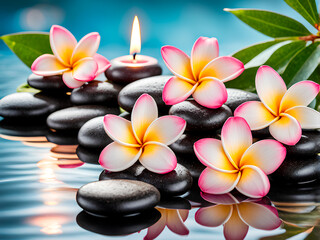 Tropical plumeria flowers with spa stones and candles on reflective water surface. Spa fresh composition