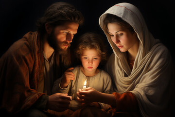 Nativity Scene with Mary, Joseph and baby Jesus on dark background. Christmas nativity scene with holy family and baby Jesus, dark background © Nadezhda