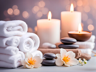 Fototapeta na wymiar Spa composition with white clean towels, delicate flowers, spa stones and candles. Warm and cozy background