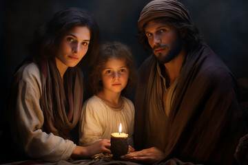 Nativity Scene with Mary, Joseph and baby Jesus on dark background. Christmas nativity scene with holy family and baby Jesus, dark background © Nadezhda