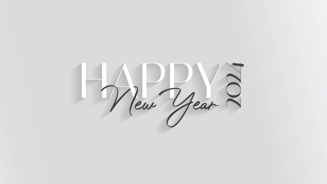 Happy New Year 2024 with elegant white and grey color calligraphic text typography Greetings Design for Festive Banner, Poster, Wallpaper, Brocher and Social Media Cover. 