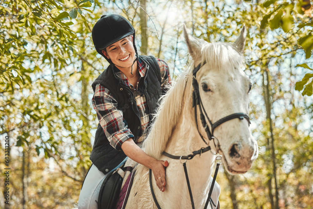 Poster Portrait of happy woman on horse, riding in woods and practice for competition, race or dressage with trees. Equestrian sport, jockey or rider on animal in forest for adventure, training and smile.